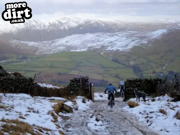 Me followed by Chris riding down, with snow and ni