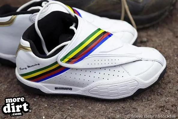 Tracy Moseley's new rainbow striped podium shoes, 